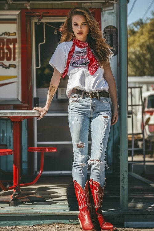 a man wears red cowboy boots, a graphic tee and ripped jeans