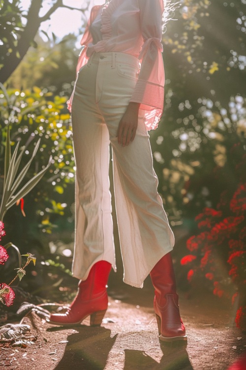 a man wears red cowboy boots, a pink blouse and white pants