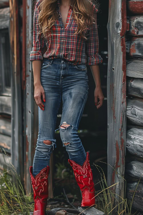 a man wears red cowboy boots, a plaid shirt and blue jeans