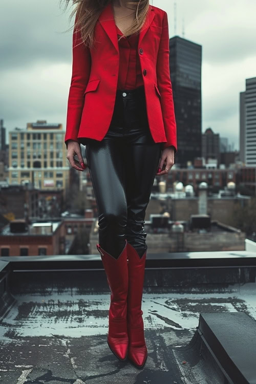 a man wears red cowboy boots, a red blazer, a red shirt and leather pants