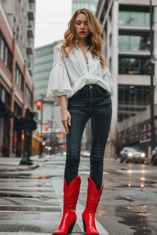 a man wears red cowboy boots, a white blouse and dark jeans