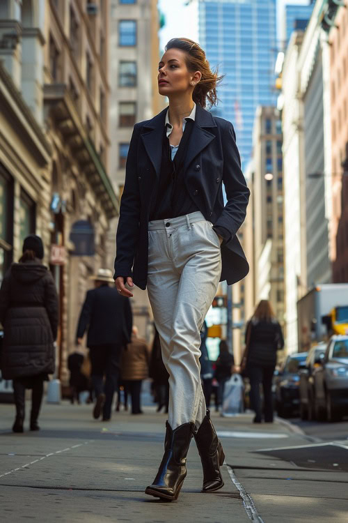 a man wears short black cowboy boots, a blazer and white pants