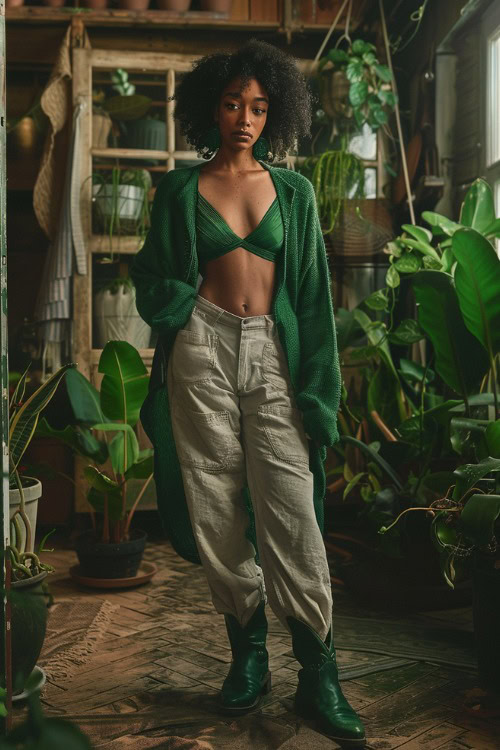 a man wears short green cowboy boots, a green cardigan, and beige pants