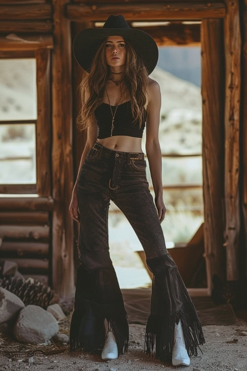 a man wears white cowboy boots, a black top and flared fringe pants