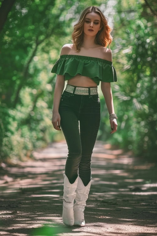 a man wears white cowboy boots, a green top and black jeans