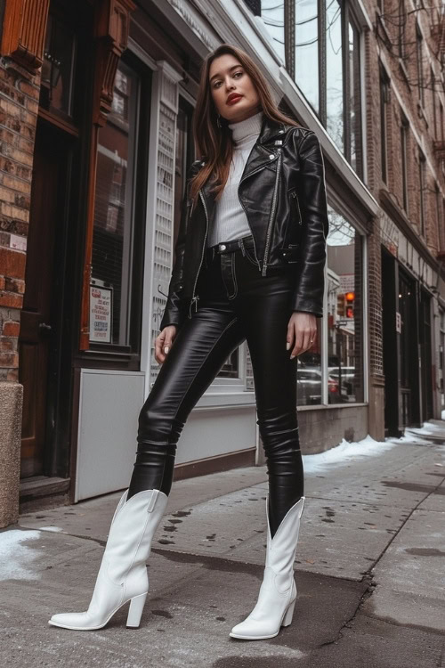 a man wears white cowboy boots, a leather jacket, a white turtleneck and leather pants