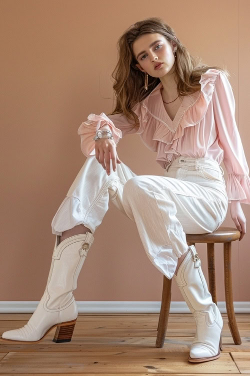 a man wears white cowboy boots, a pink blouse, and white pants
