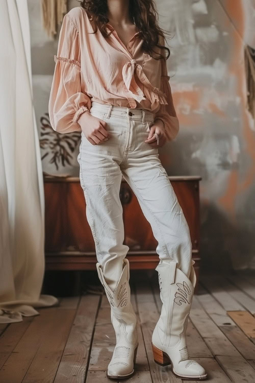 a man wears white cowboy boots, a pink shirt, and jeans