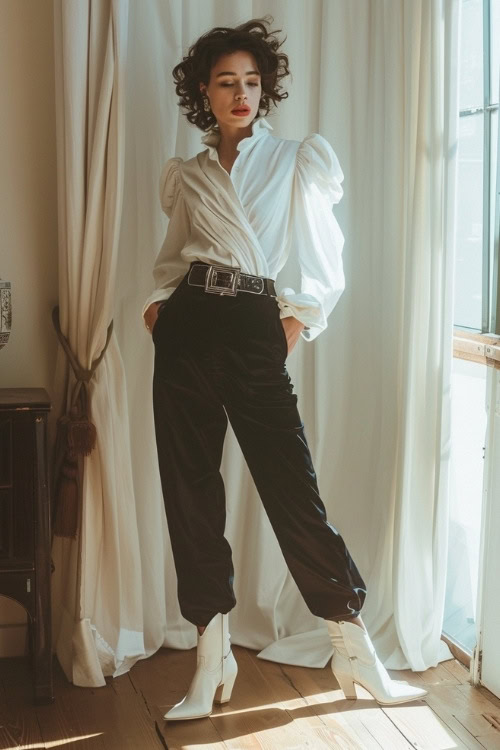 a man wears white cowboy boots, a white blouse and black pants