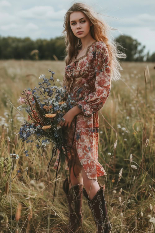 a woman holding a bouquet wears a floral dress and brown cowboy boots