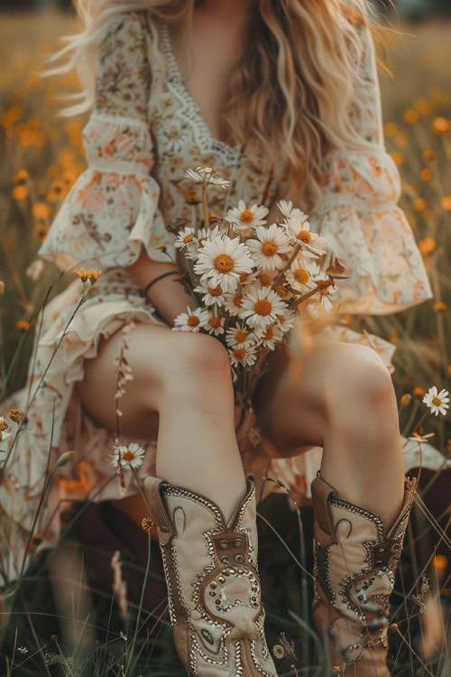 a woman holding a bouquet wears a floral dress and cowboy boots