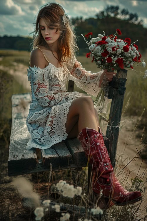 a woman holding a bouquet wears a white lace dress and red cowboy boots