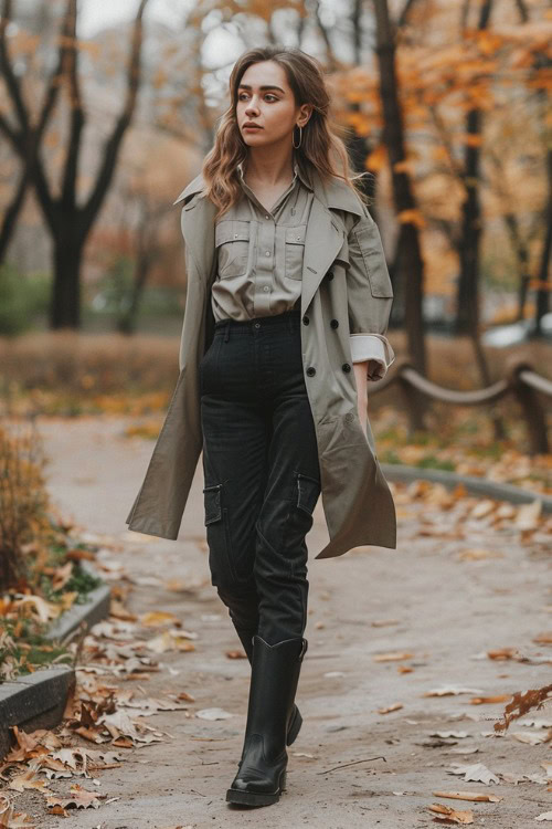 a woman wears a beige shirt, a trench coat, black cargo pants and black ankle cowboy boots 2