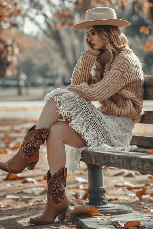 a woman wears a beige sweater, a white dress and brown cowboy boots