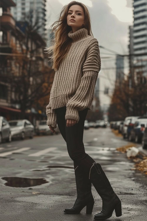 a woman wears a beige sweater, black leggings and black cowboy boots