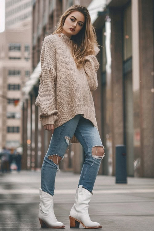 a woman wears a beige sweater, ripped jeans and white ankle cowboy boots