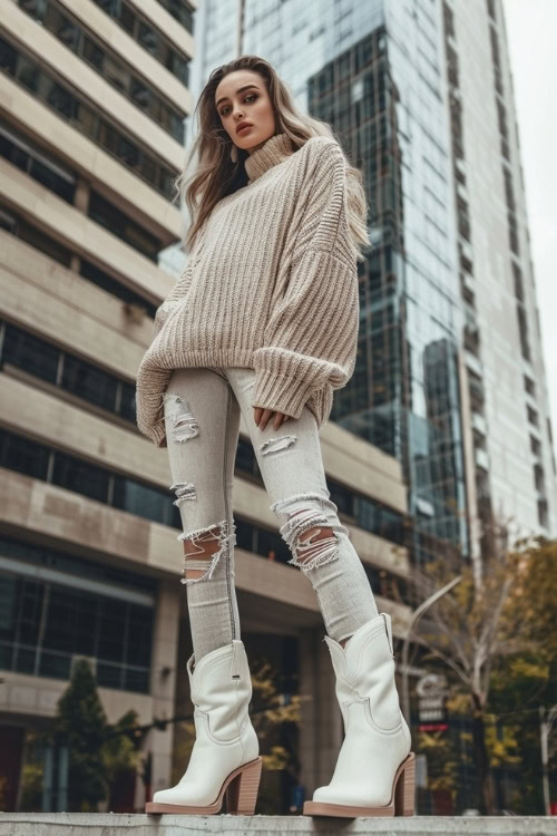 a woman wears a beige sweater, ripped jeans and white cowboy boots