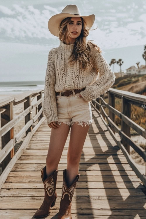 a woman wears a beige sweater, white fray hem shorts and brown cowboy boots