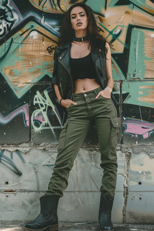 a woman wears a black crop top, cargo pants and black cowboy boots