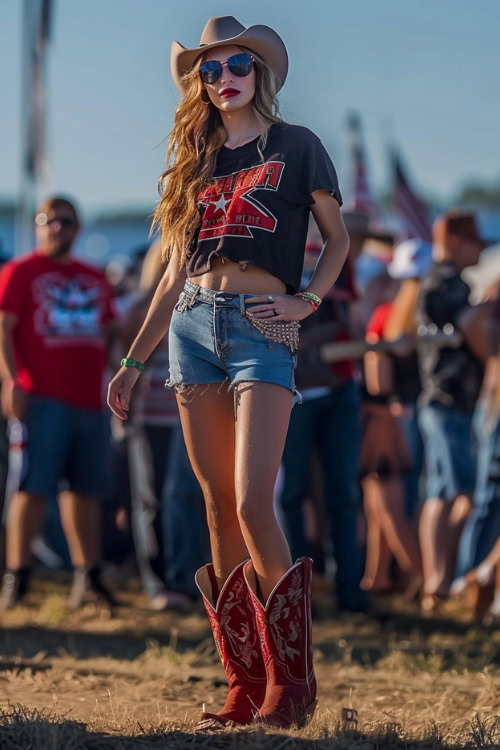 a woman wears a black crop top, jean shorts with red cowboy boots in a concert
