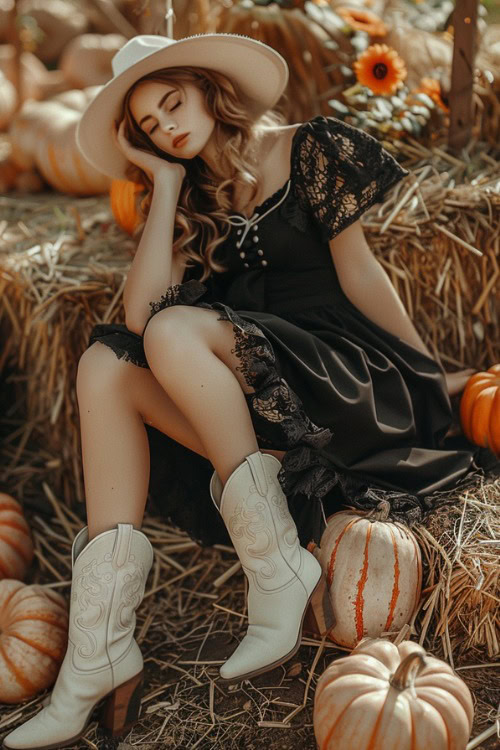 a woman wears a black dress, a hat and white cowboy boots