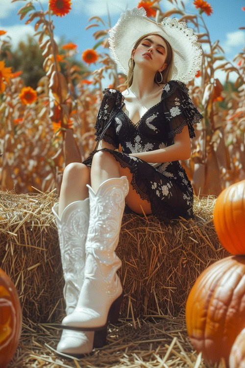 a woman wears a black dress and tall white cowboy boots