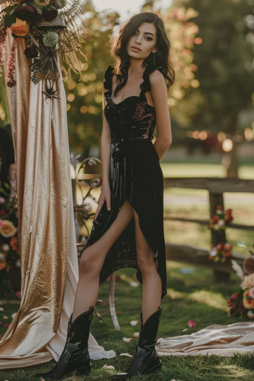 a woman wears a black dress with black cowboy boots