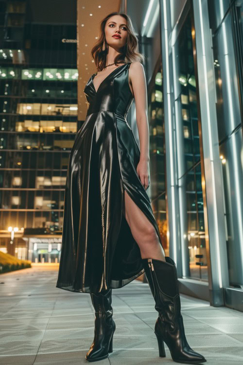 a woman wears a black midi dress with black cowboy boots