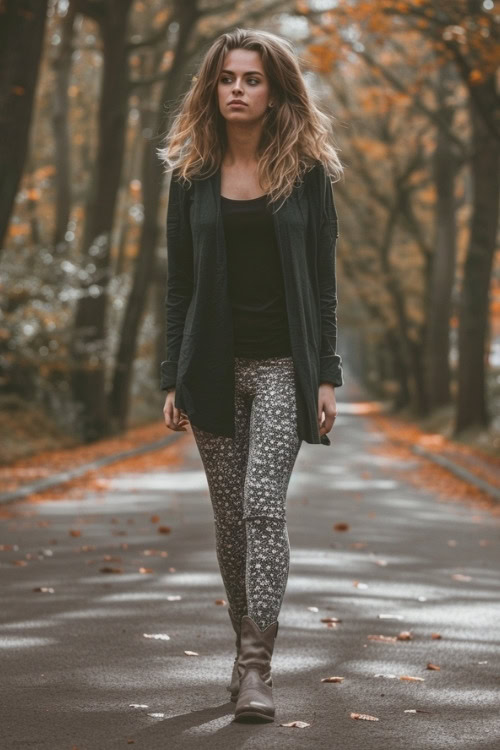 a woman wears a black shirt, leggings and short cowboy boots