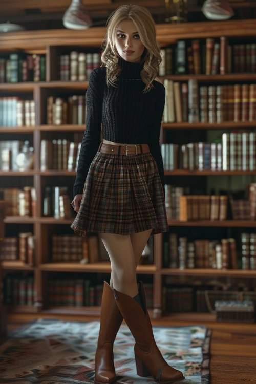 a woman wears a black sweater, a brown plaid skirt and brown cowboy boots