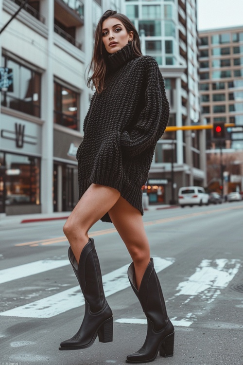 a woman wears a black sweater dress with black cowboy boots