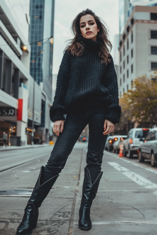 a woman wears a black sweater, jeans and black cowboy boots