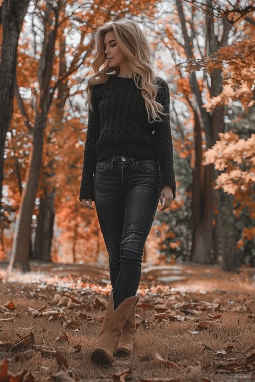 a woman wears a black sweater, jeans and brown ankle cowboy boots