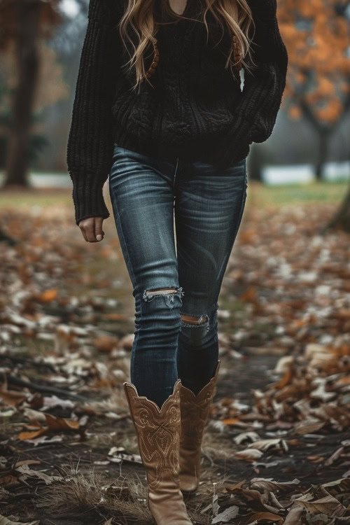 a woman wears a black sweater, ripped jeans and brown cowboy boots