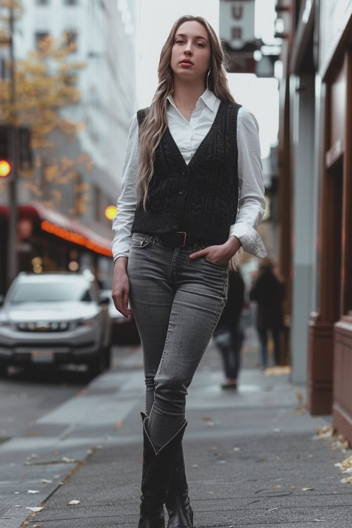 a woman wears a black sweater vest, a white shirt, grey jeans and black cowboy boots