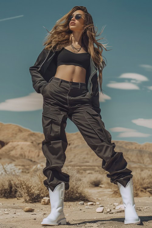 a woman wears a black top, a coat, black cargo pants and white cowboy boots