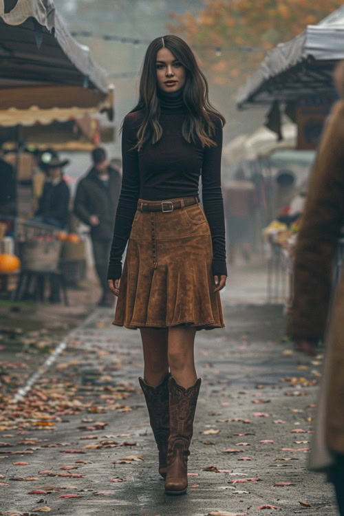 a woman wears a black turtle neck and a brown suede skirt with brown cowboy boots in a market