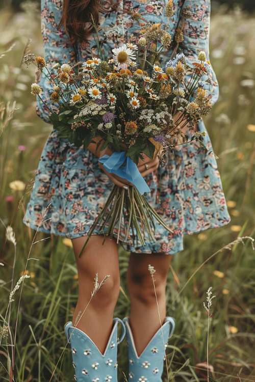 a woman wears a blue floral dress and blue cowboy boots