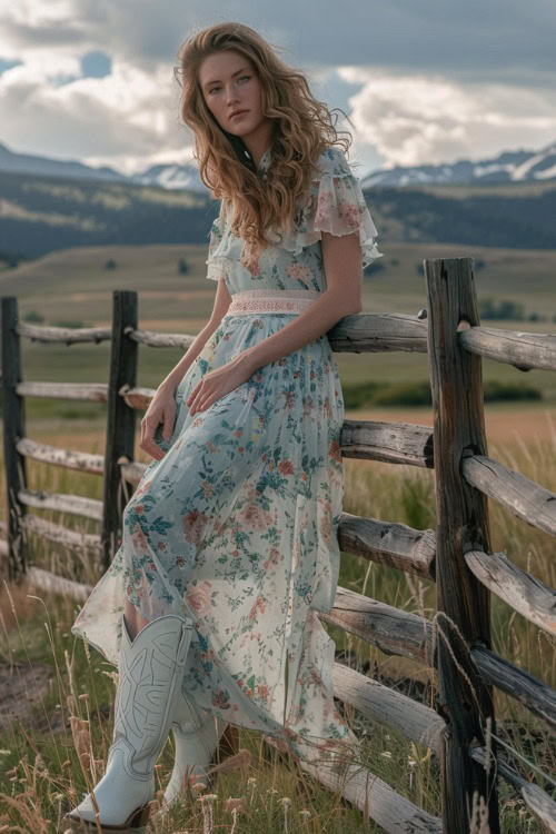 a woman wears a blue floral dress and white cowboy boots