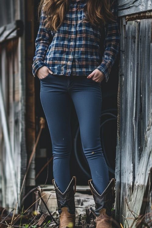 a woman wears a blue plaid shirt, jeans and short cowboy boots