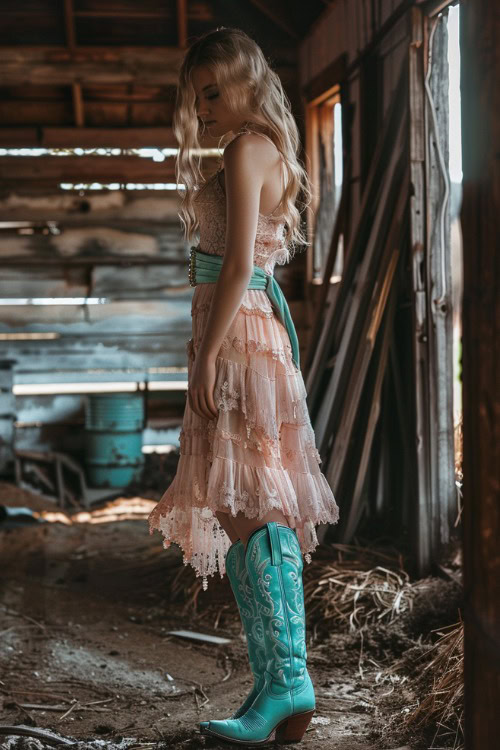 a woman wears a blush dress and green cowboy boots