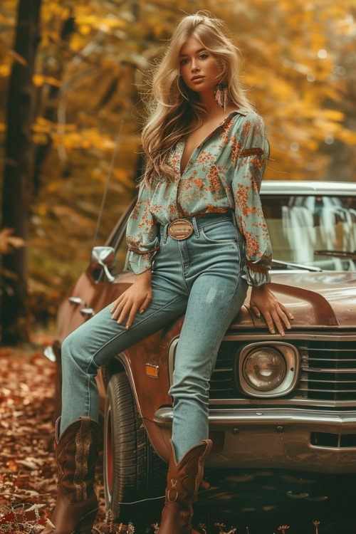 a woman wears a boho blouse, jeans and brown cowboy boots