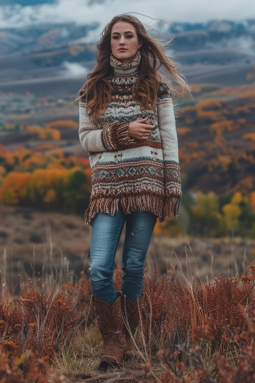 a woman wears a boho sweater, jeans and brown cowboy boots