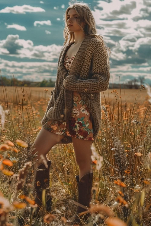 a woman wears a brown cardigan, a short brown floral dress and brown cowboy boots