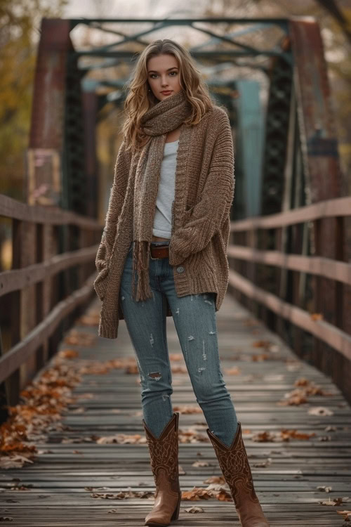 a woman wears a brown cardigan, a white top, ripped jeans and brown cowboy boots