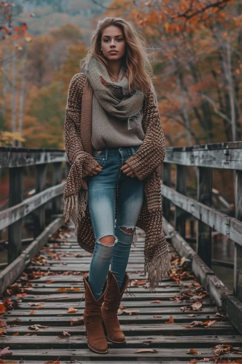 a woman wears a brown cardigan, ripped jeans and brown cowboy boots