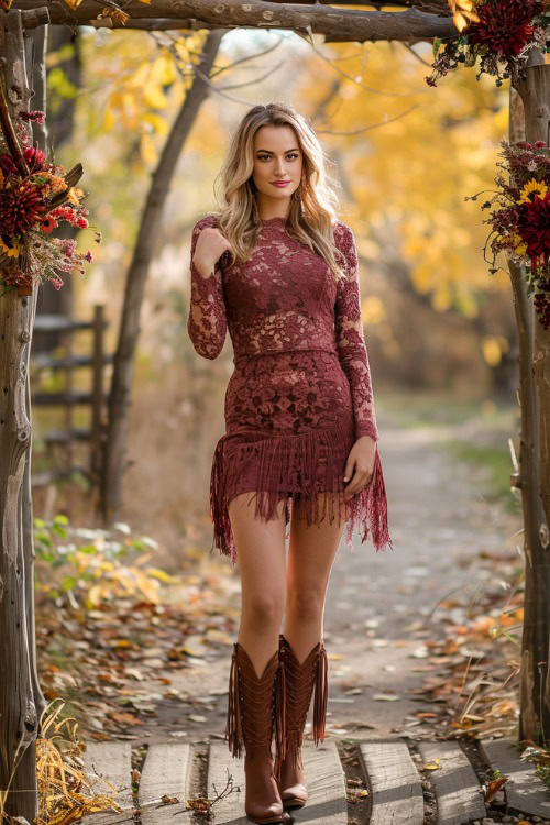 a woman wears a brown lace dress and brown fringe cowboy boots
