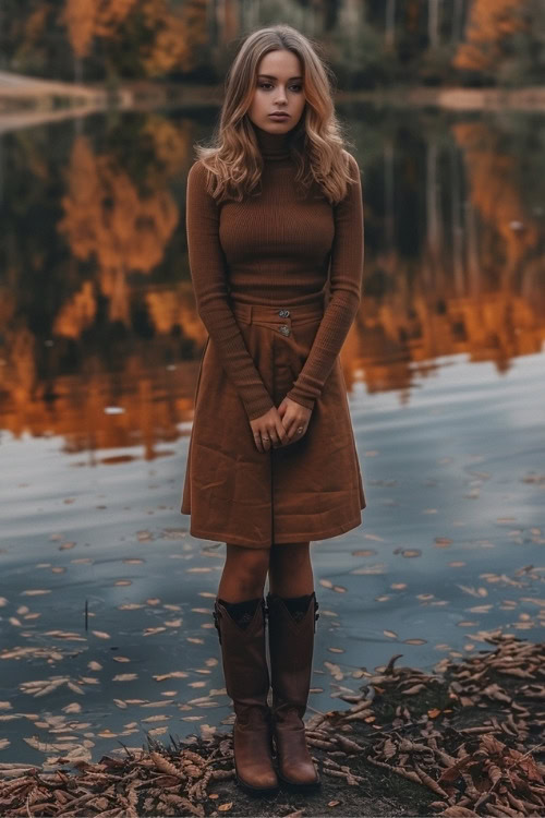 a woman wears a brown long sleeve top, brown pants and brown cowboy boots