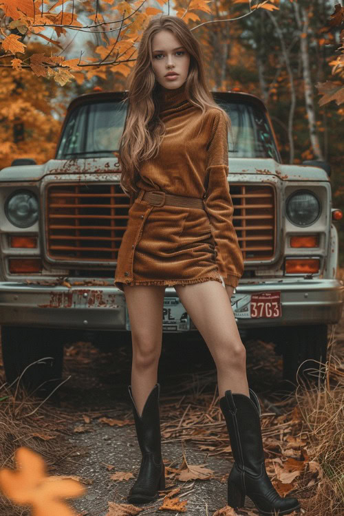 a woman wears a brown suede dress and black cowboy boots