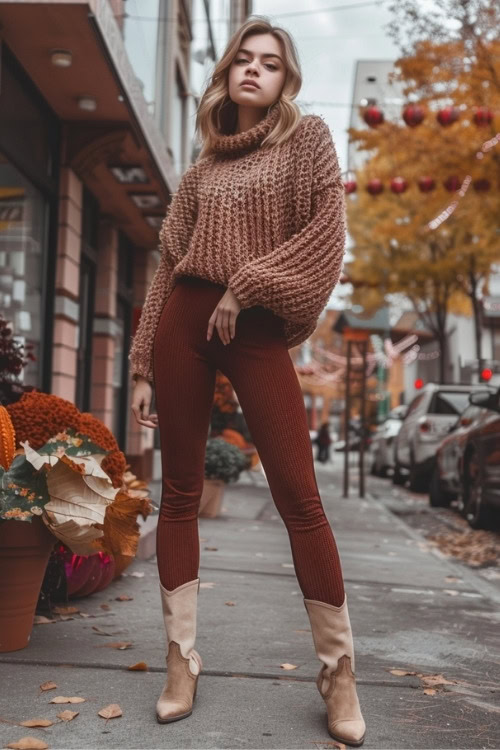 a woman wears a brown sweater, brown jeans and short cowboy boots